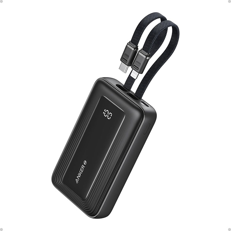 Anker Zolo Power Bank (10,000 mAh, 30W, with Built-in USB-C and Lightning Cable ) – A1680H11 – Black